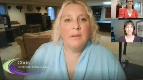 Thumbnail image of a woman, for an Ibrance (palbociclib) Ambassadors video, featuring Chris and Ruth