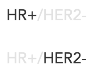 Image of text "HR+" in black and "HER2-" in grey, then "HR+" in grey and "HER2-" in black